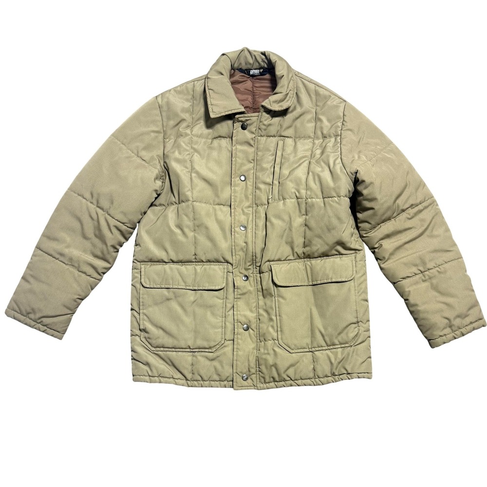 Vintage Sears Jacket Mens Medium‎ Khaki Quilted Puffer Snap Front Field Barn 80s